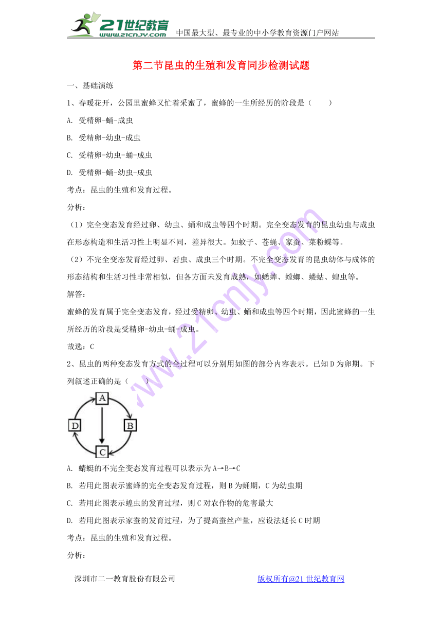 甘肃省平凉市2017-2018学年八年级生物下册7.1.2昆虫的生殖和发育同步检测试题（含解析）（新版）新人教版