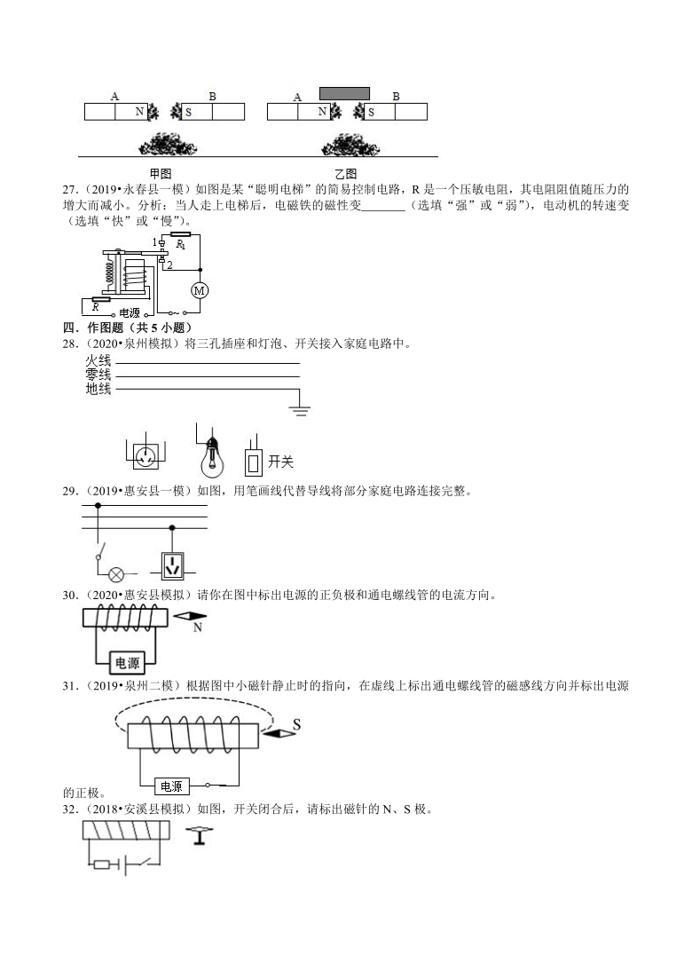 2018-2020年福建中考物理复习各地区模拟试题分类（泉州专版）（12）——生活用电  电和磁（word含解析）