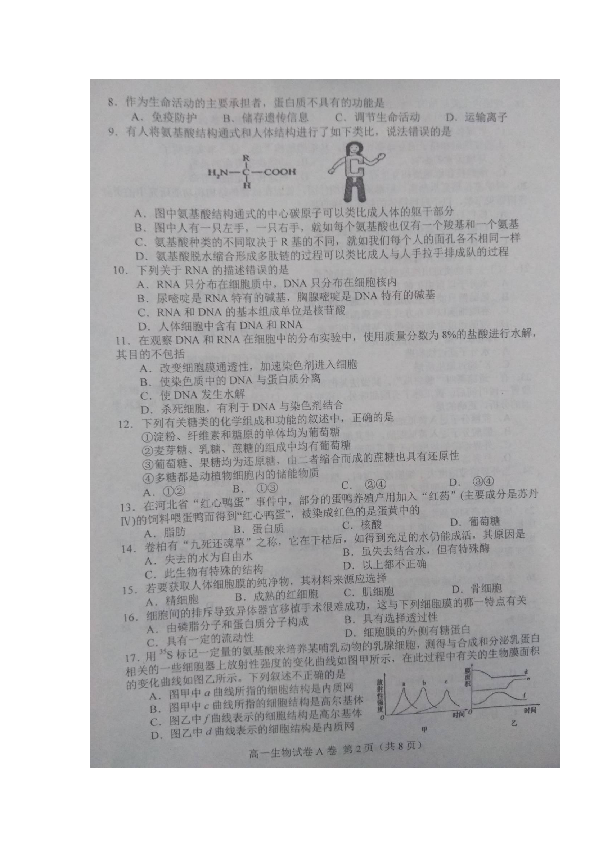 河北省唐山市2018-2019学年高一上学期期末考试A卷生物试题 扫描版