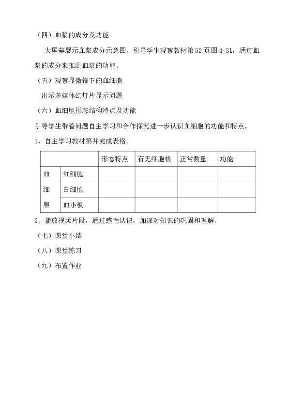 初中生物 人教版 七年级下册 第四单元 第四章 第一节 流动的组织──血液教学设计