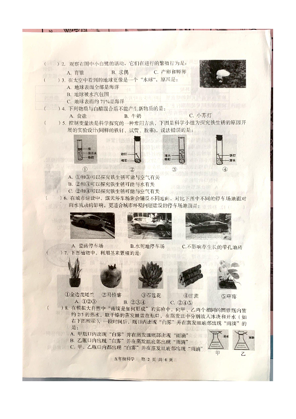 广东省江门市2019-2020学年第一学期五年级科学期末试题（图片版，无答案）