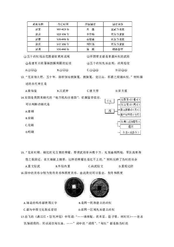江苏省苏州市吴中区2018-2019学年七年级下学期期中教学质量调研测试历史试题（无答案）