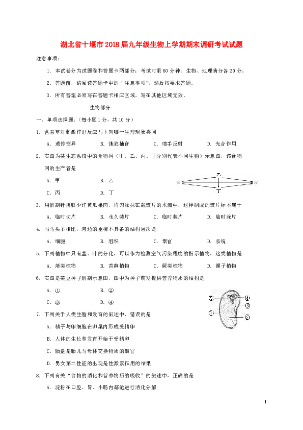 湖北省十堰市2018届九年级生物上学期期末调研考试试题