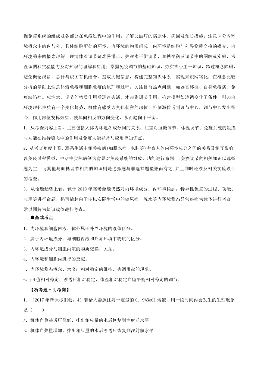 2018年高考生物备考优生百日闯关专题10+人体的内环境与稳态