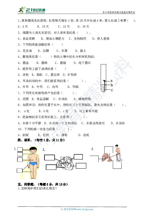 青岛版五四制2018-2019学年第一学期五年级科学期末模拟试卷（含答案）