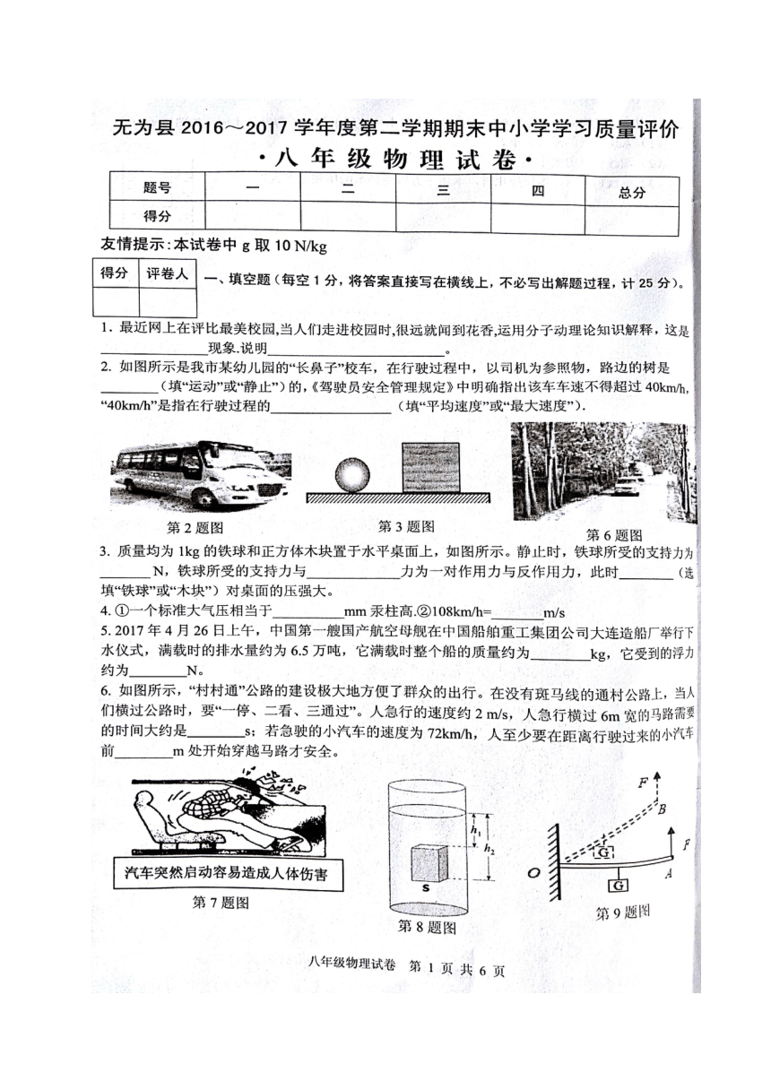 安徽省芜湖市无为县2016-2017学年八年级下学期期末考试物理试题（图片版）