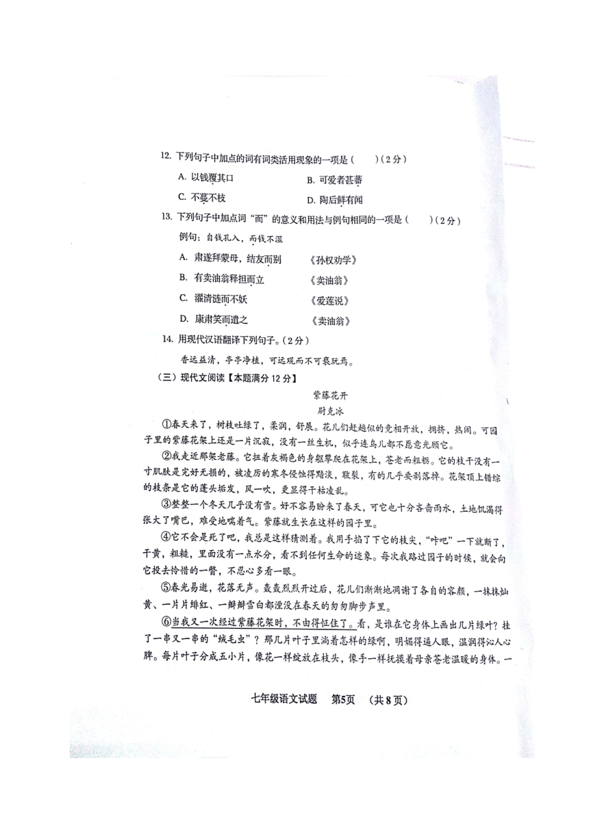 山东省青岛市黄岛区2016-2017学年七年级下学期期末考试语文试题（扫描版，含答案）