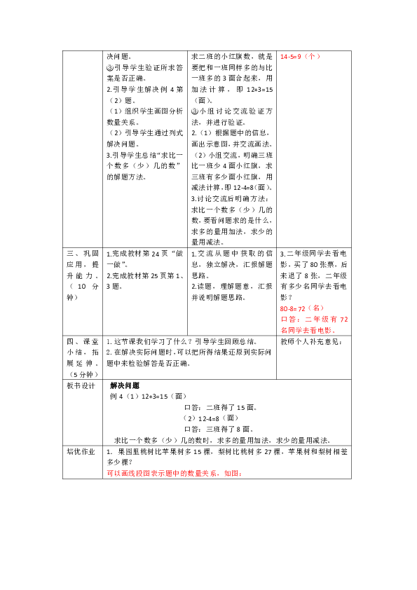 人教版数学二年级上册2.2.3《解决问题》教案（表格版）