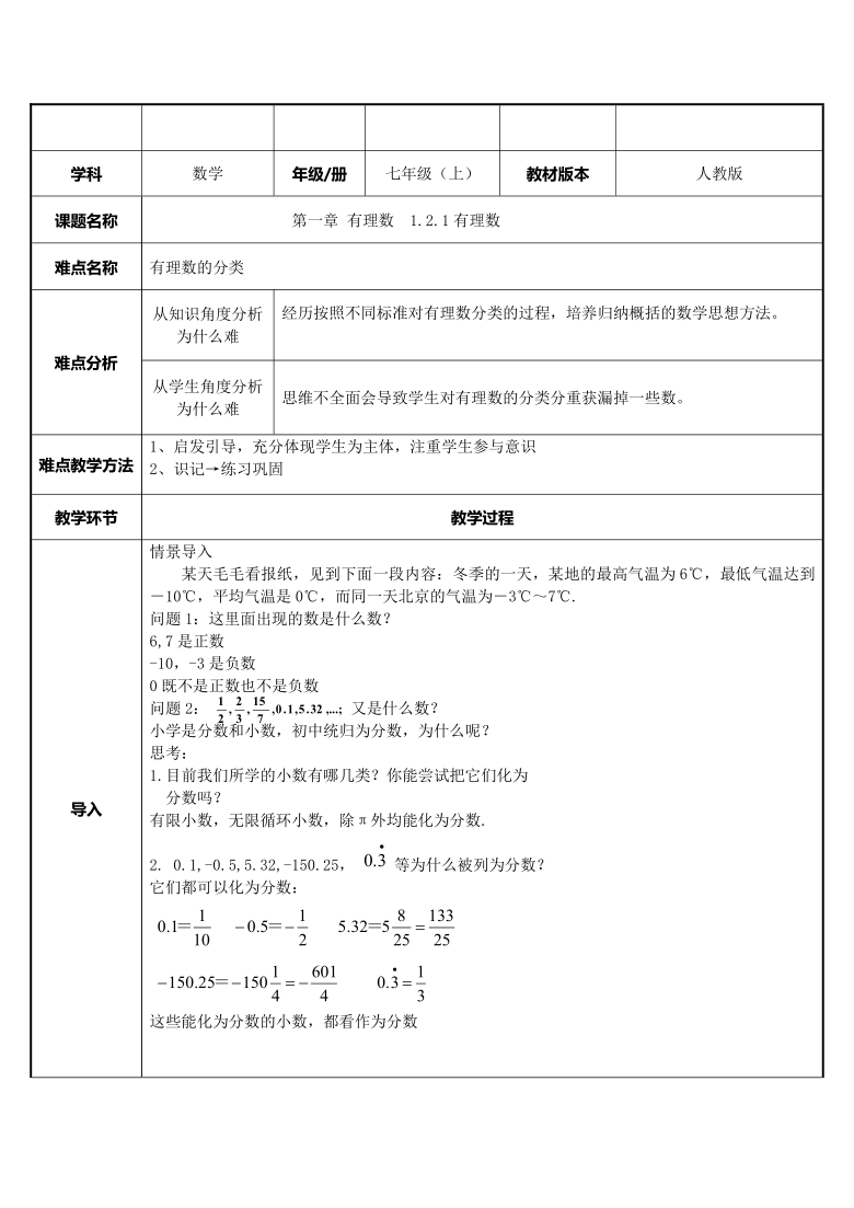 第一章有理数121有理数同步教案20212022学年七年级数学人教版上册表