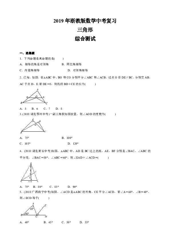 2019年浙教版数学中考一轮复习 三角形综合测试 (含答案）