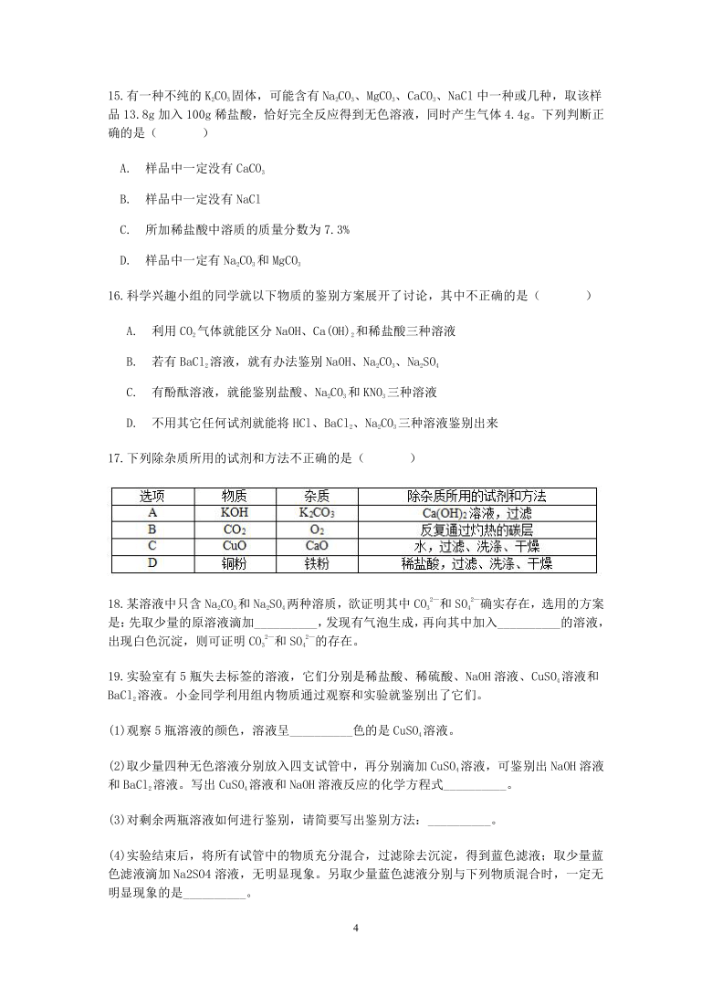 浙教版科学九年级上册期末“临阵磨枪”（五）：物质的鉴别、除杂（2）