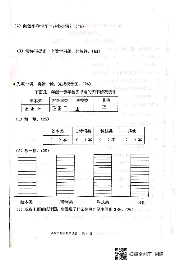 山东省淄博市沂源县2018-2019学年第二学期二年级数学期末试题（扫描版，无答案）