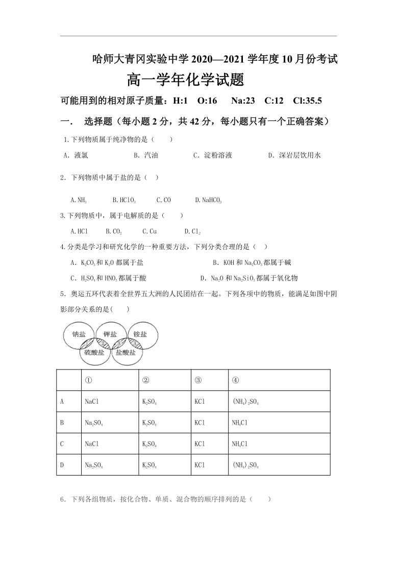 黑龙江省哈师大青冈实验中学2020-2021学年高一（德强班）10月月考化学试题 Word版含答案