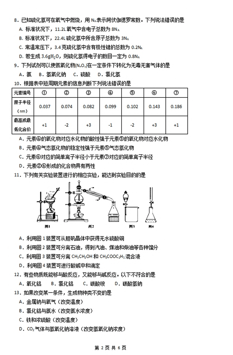上海市奉贤区2021届高三化学等级考一模试卷及答案（PDF）
