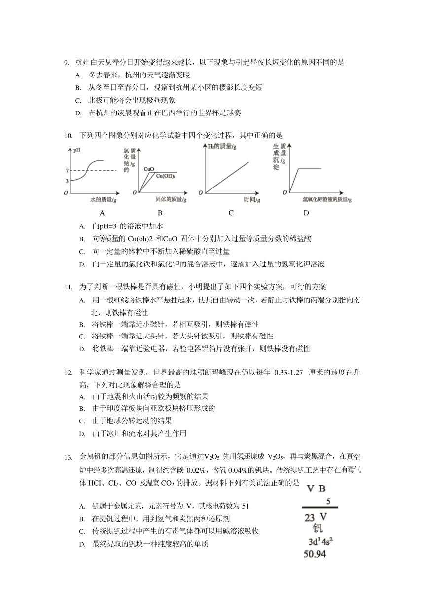 2018年杭州市江干区第一次模拟科学试卷