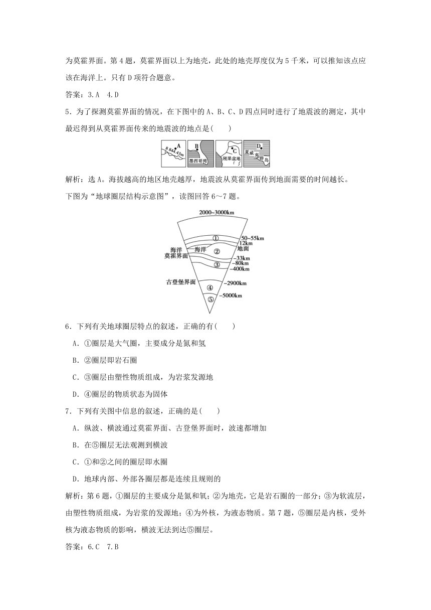 必修一人教版第一章第四节《地球的圈层结构》同步练习