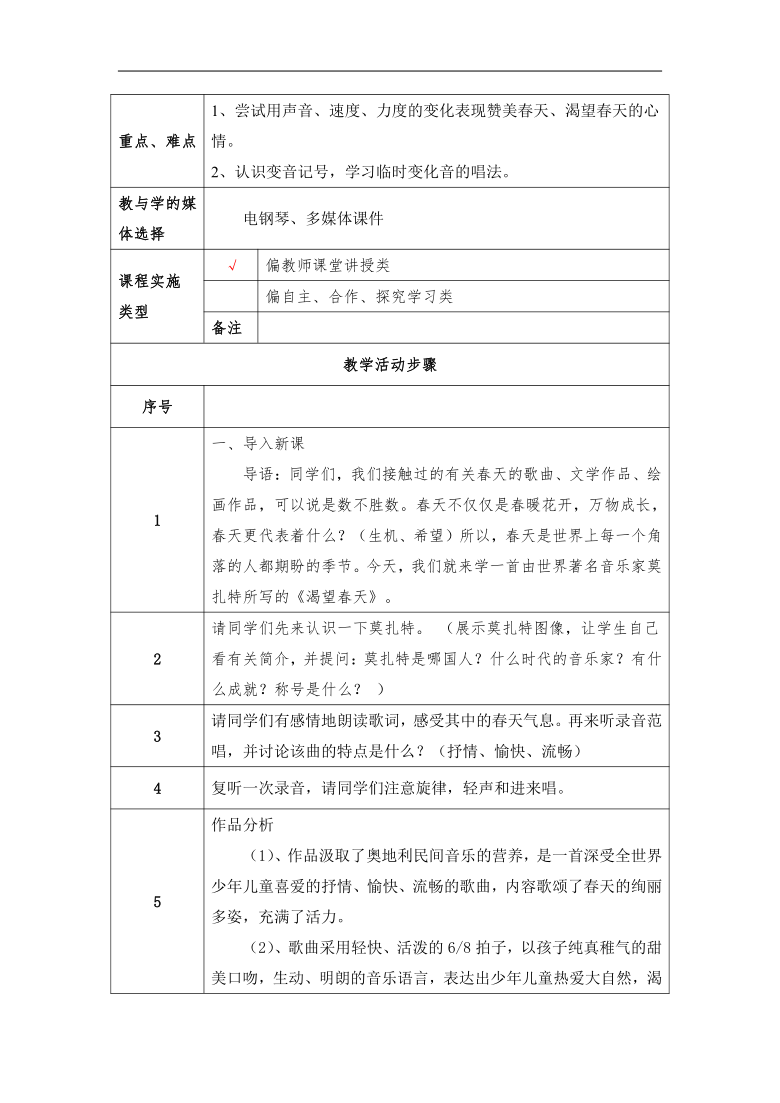 粤教花城版七年级上册音乐 2.1渴望春天  教案