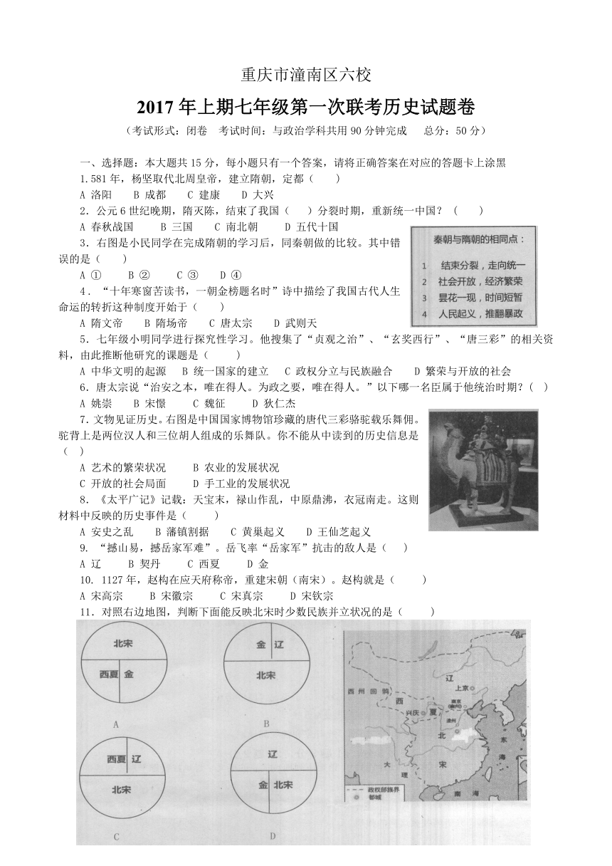 重庆市潼南区六校2017年下学期七年级第一次联考历史试题卷