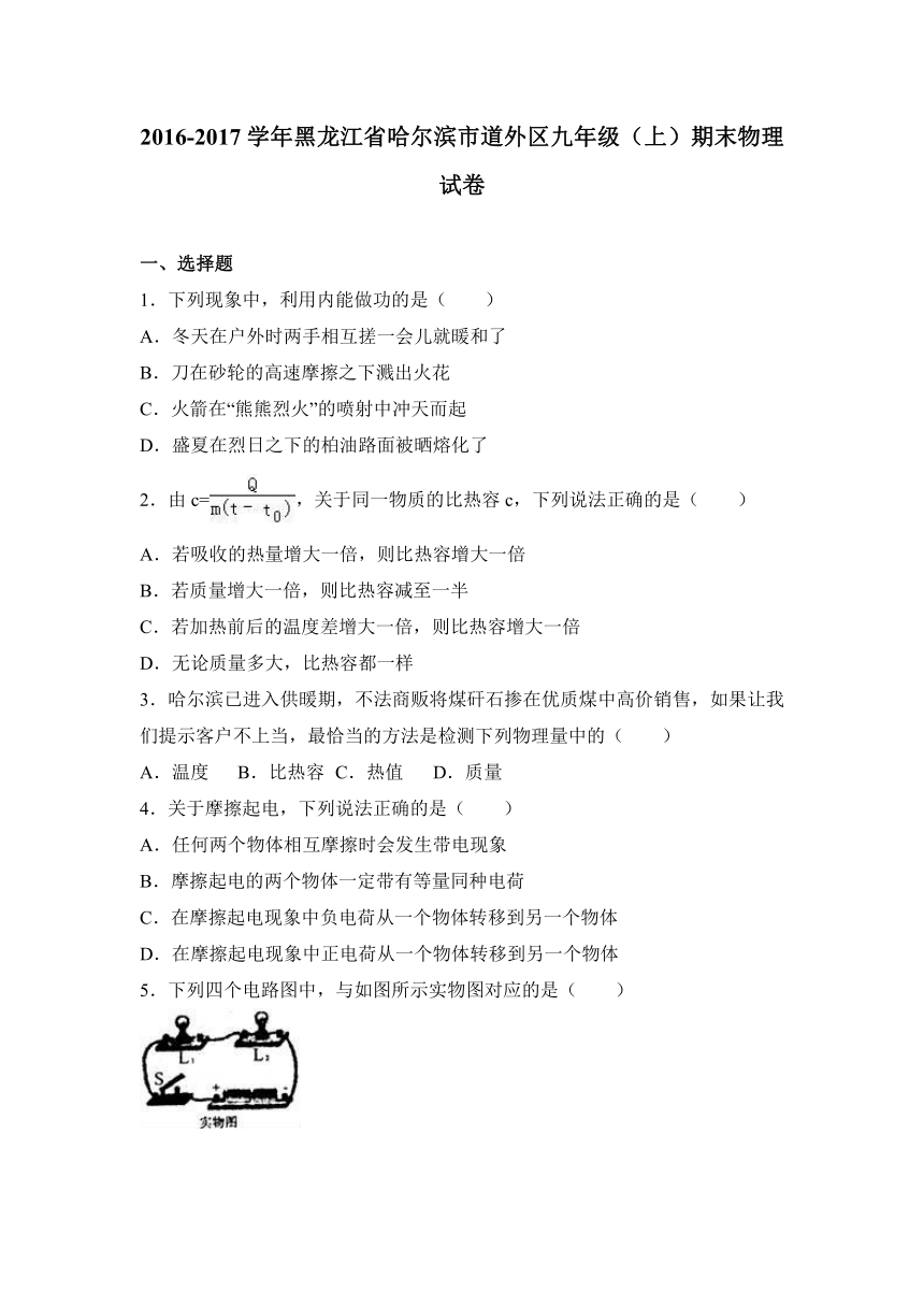 黑龙江省哈尔滨市道外区2017届九年级（上）期末物理试卷（解析版）