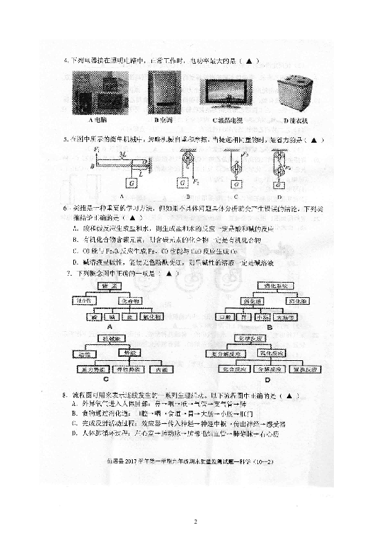 浙江省台州市仙居县2017学年第一学期九年级期末测试科学试卷（图片版，无答案）