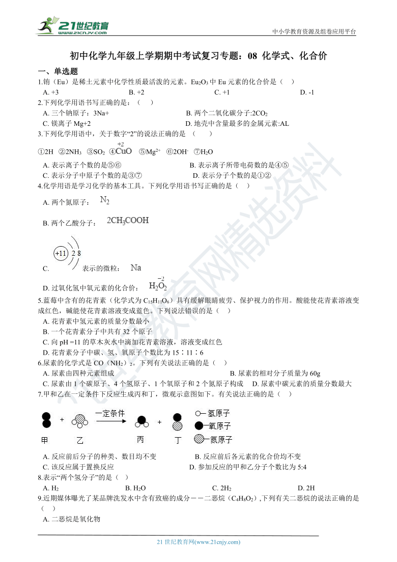初中化学九年级上学期期中考试复习专题：08 化学式、化合价 练习（含答案）