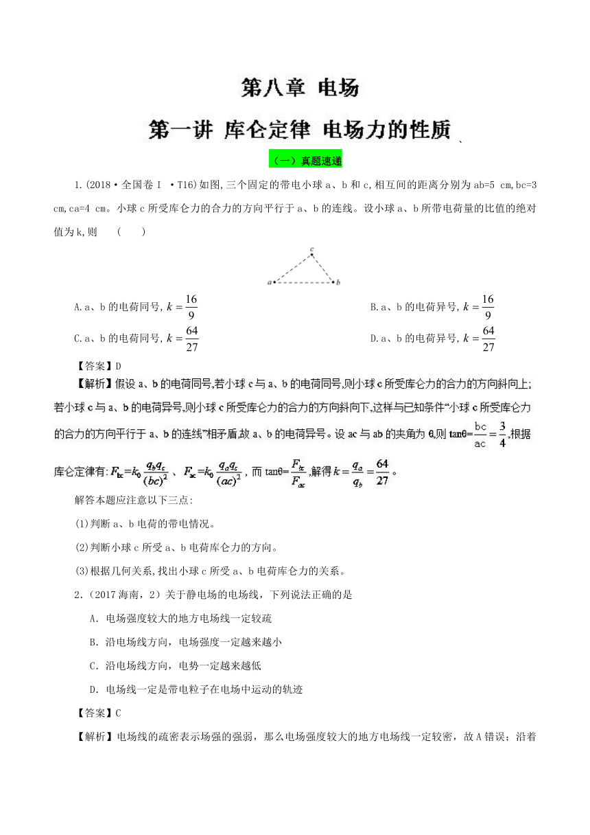 2019领军高考物理真题透析一轮复习专题8.1 库仑定律 电场力的性质（真题精讲）