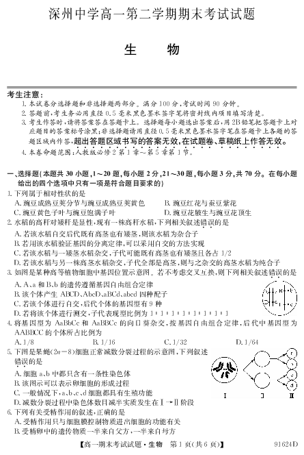 河北省深州中学2018-2019学年高一下学期期末考试生物试题（PDF版含答案）