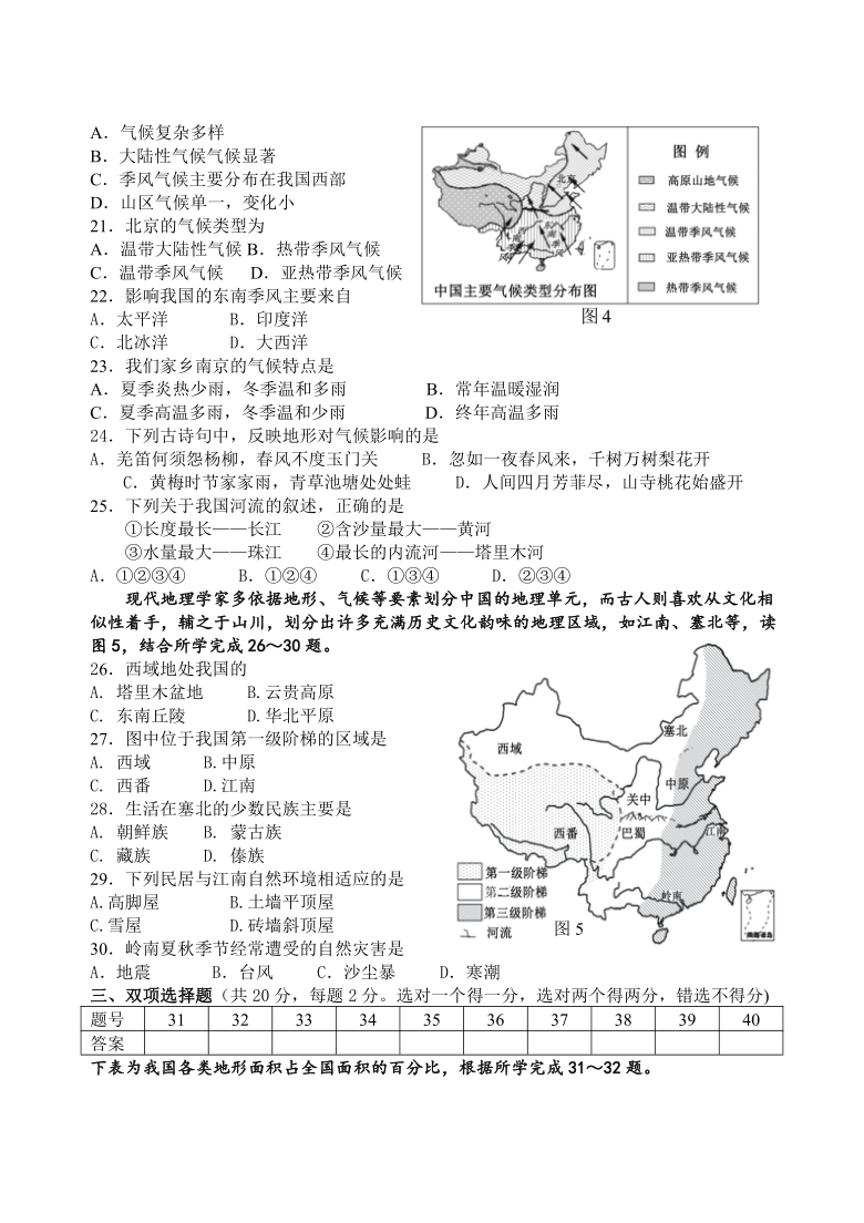 江苏省南京育英外国语学校2020-2021人教版八年级上册期末地理卷（II）（word版含答案）