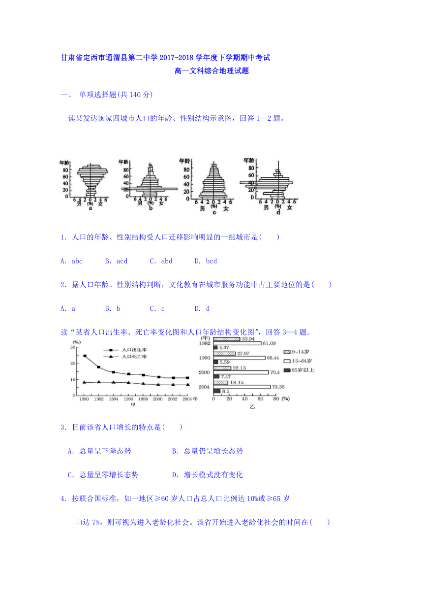 甘肃省通渭县第二中学2017-2018学年高一下学期期中考试文科综合地理试题