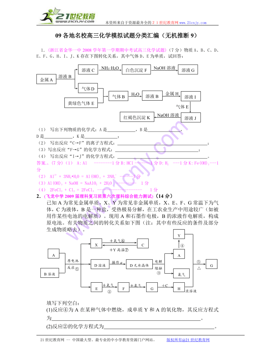 2009届高三化学各地月考试题汇编：无机推断（9）