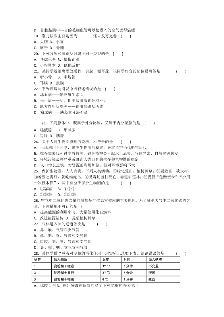 人教版  2020-2021学年七年级下学期生物期中考试试题（含答案）