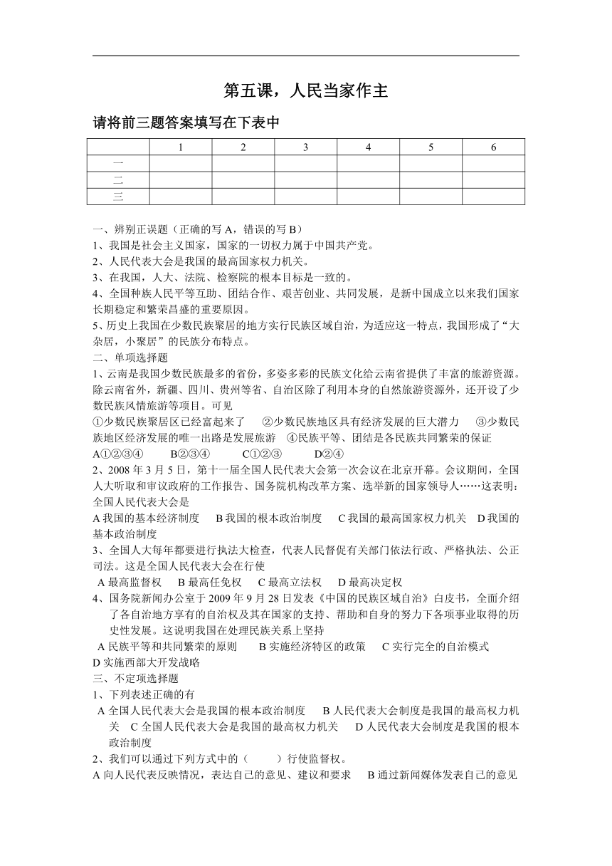 第五课 人民当家作主练习题（无答案）