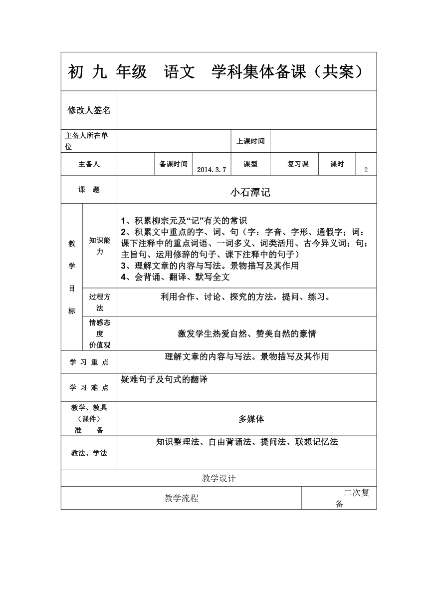 九年级语文《小石潭记》复习教案