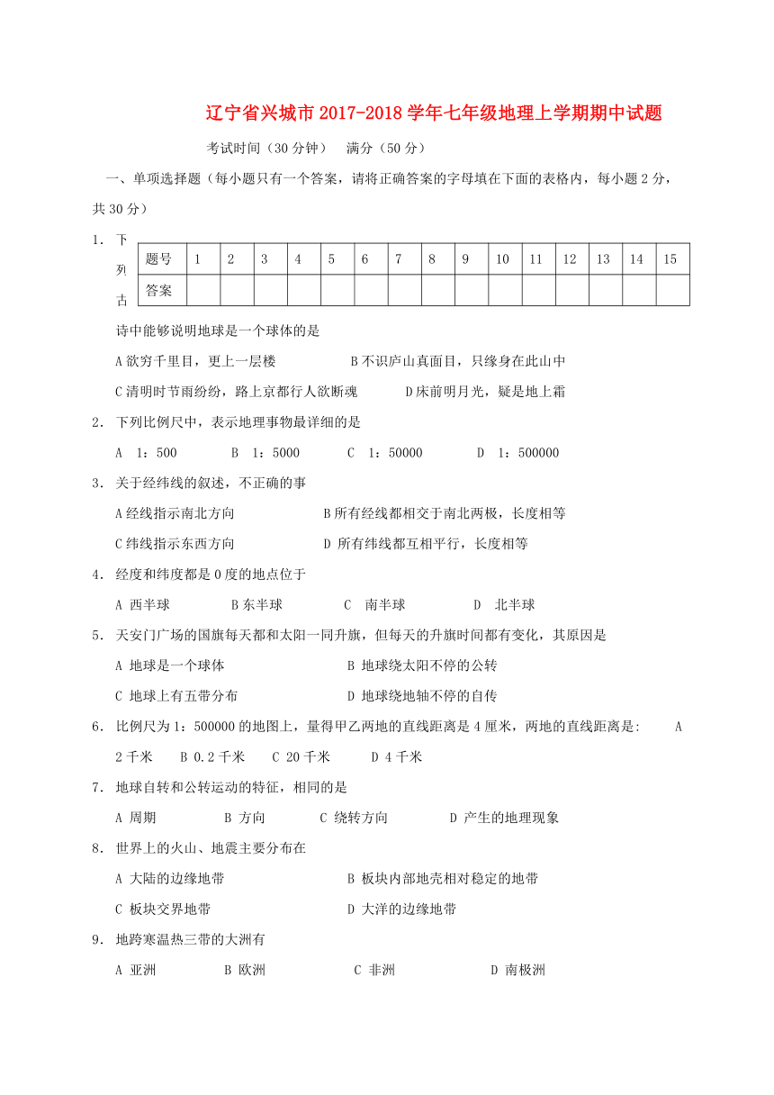 辽宁省兴城市2017_2018学年七年级地理上学期期中试题新人教版