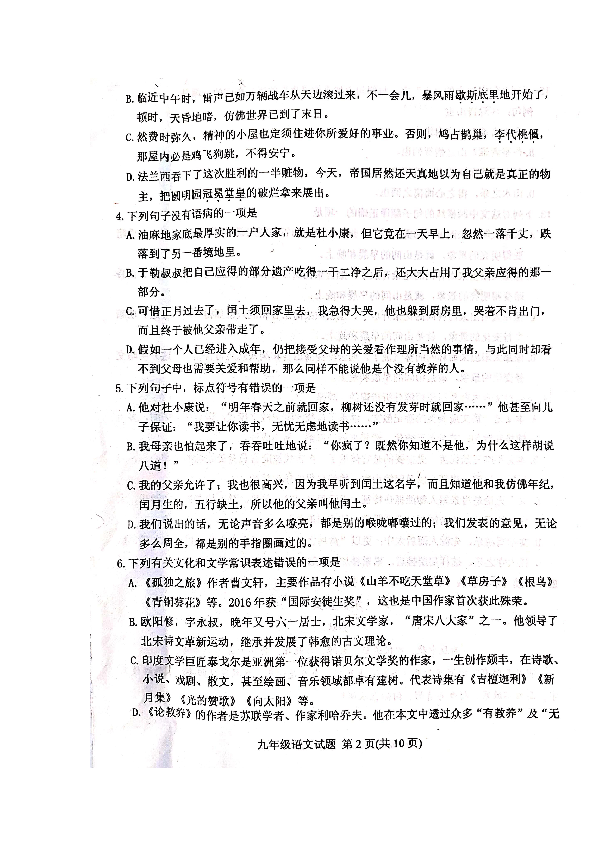 山东省泰安市2019-2020学年九年级上学期期中语文试题（扫描版含答案）