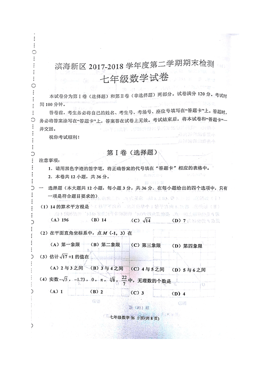 天津市滨海新区2017-2018学年七年级下学期期末考试数学试题（图片版，含答案）