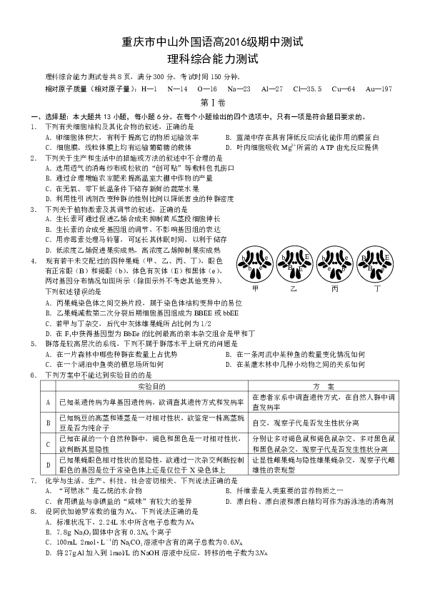 重庆市中山外国语学校2019届高三上学期期中考试理科综合试题 PDF版含答案