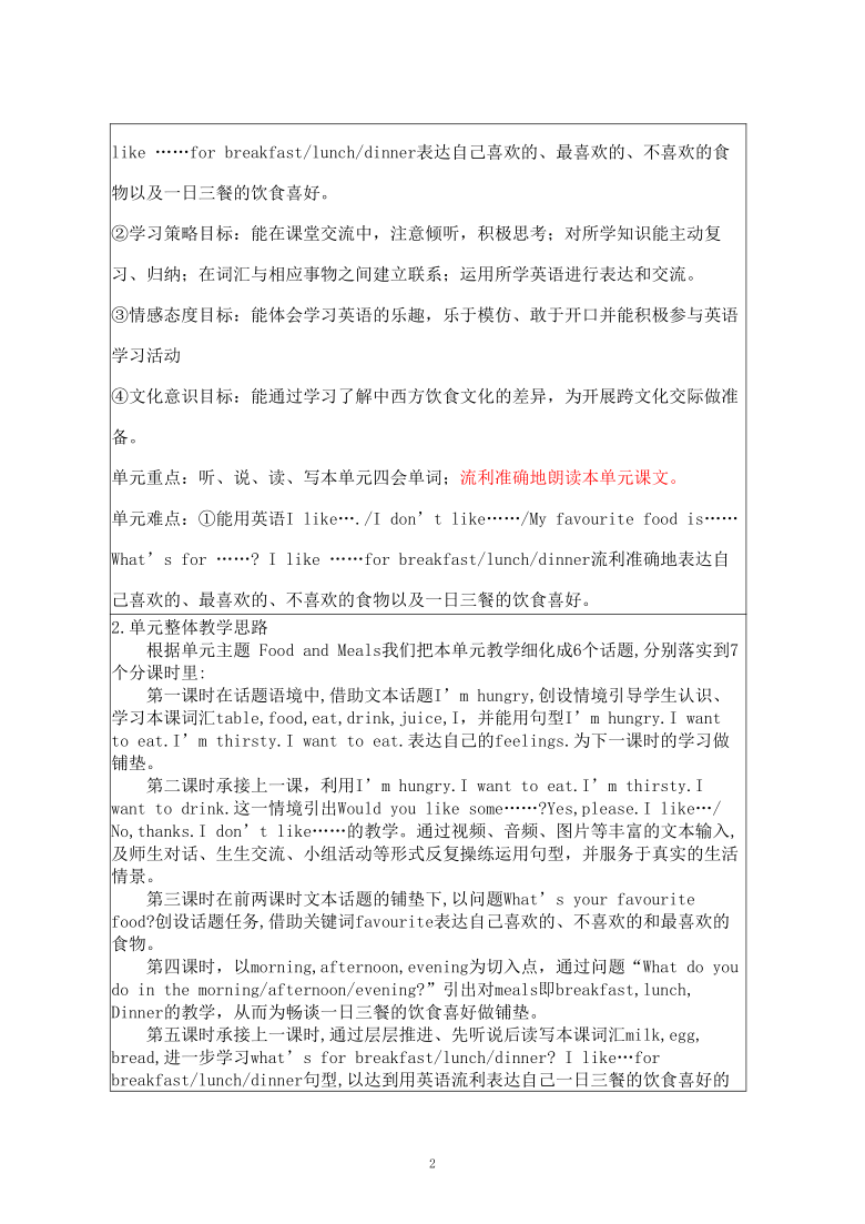 Unit 3 Food and Meals>Lesson 13 I'm Hungry!单元教学设计