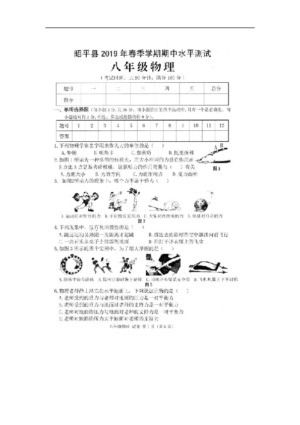 广西贺州市昭平县2018-2019学年八年级下学期期中考试物理试卷（扫描版）