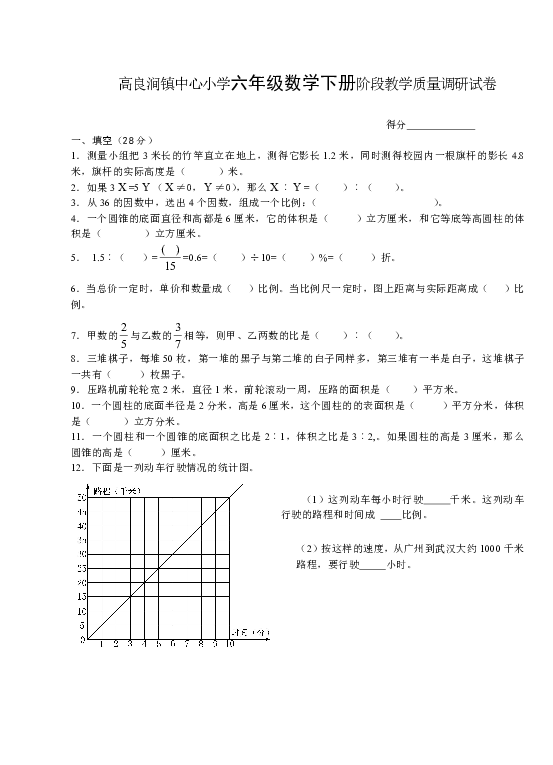 高良涧镇中心小学六年级数学下册阶段教学质量调研试卷（无答案）