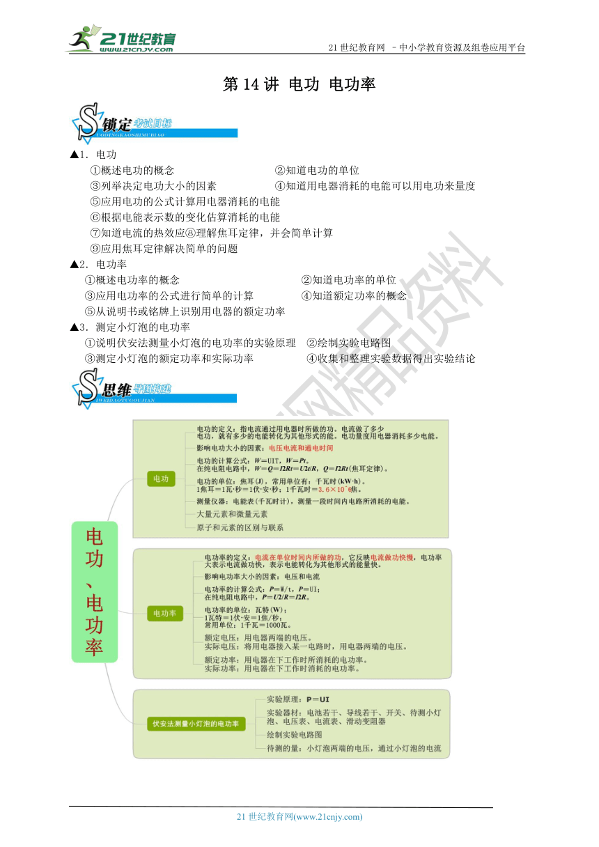 【备考】华师大版科学中考二轮复习 第十四讲 电功 电功率（真题+模拟题）