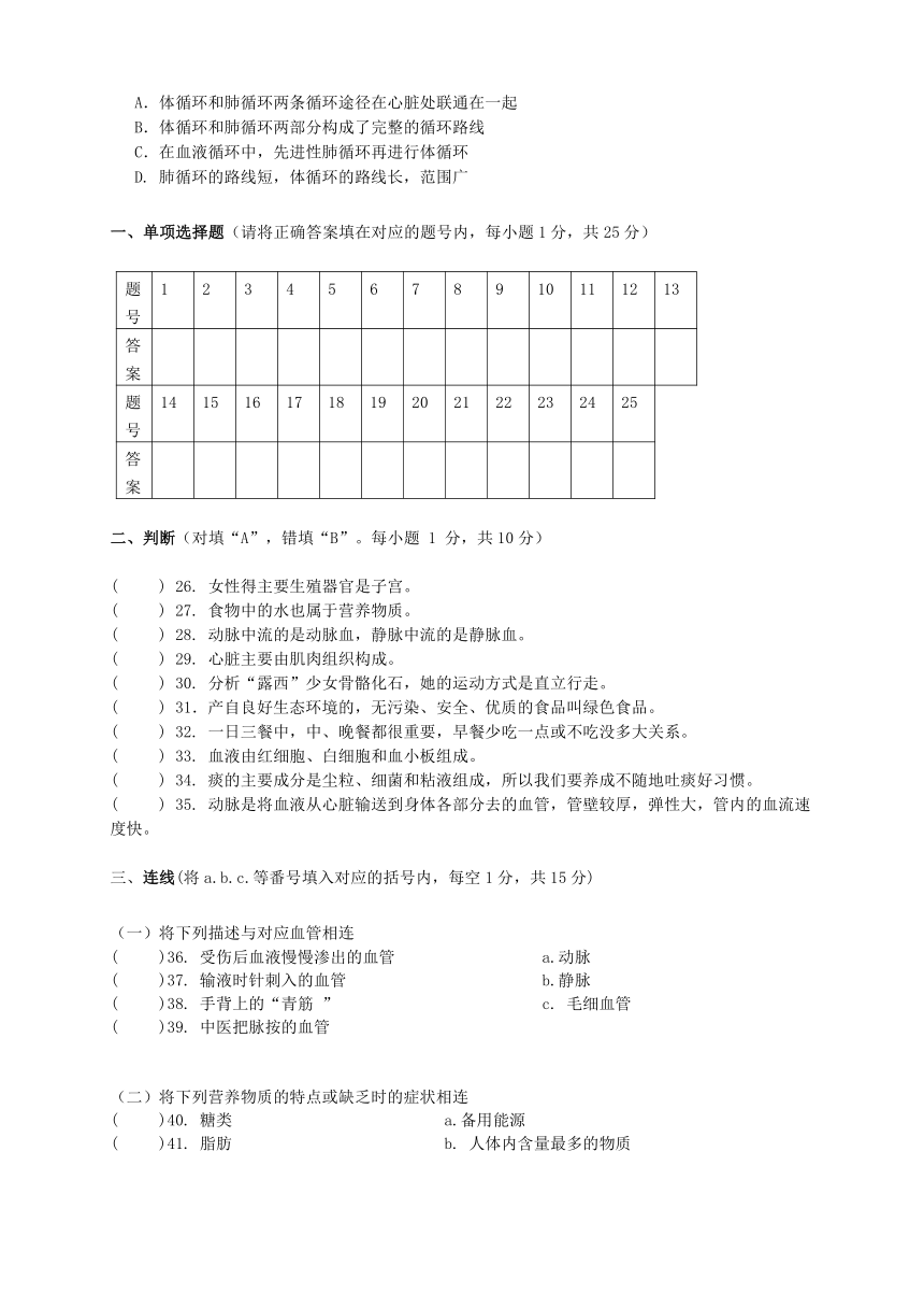 四川省汉源县第三中学2013-2014学年七年级下学期半期考试生物试题（无答案）
