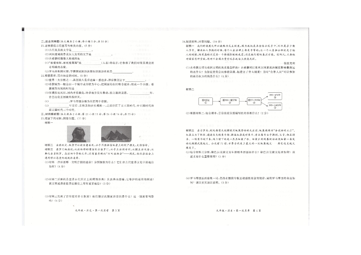 贵州省黔南州罗甸县2019-2020学年第一学期九年级历史第一次月考试题（扫描版，无答案）