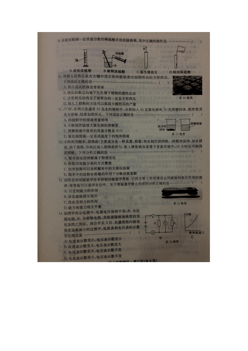 丽水市莲都区2017年初中毕业生学业评价适应性考试（图片版+答案）