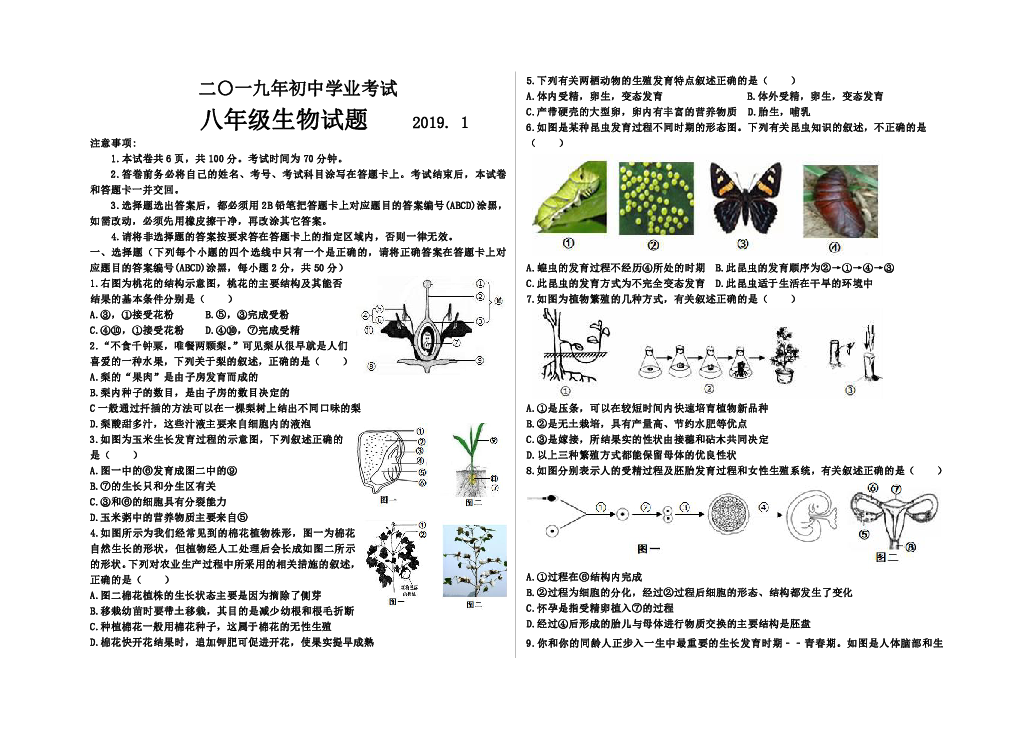 山东省庆云县2018-2019学年八年级上学期期末生物试题及答案