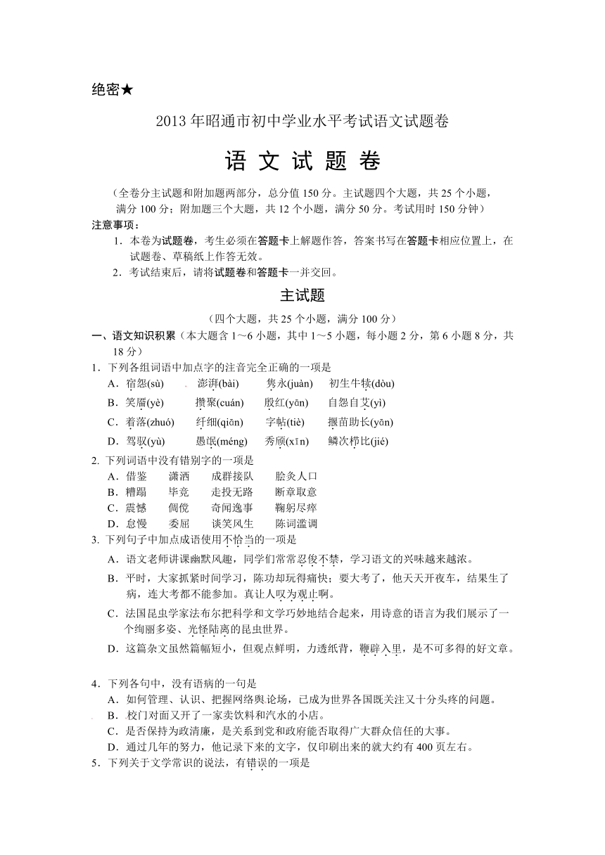 云南省昭通市2013年中考语文试题（word版，含答案）