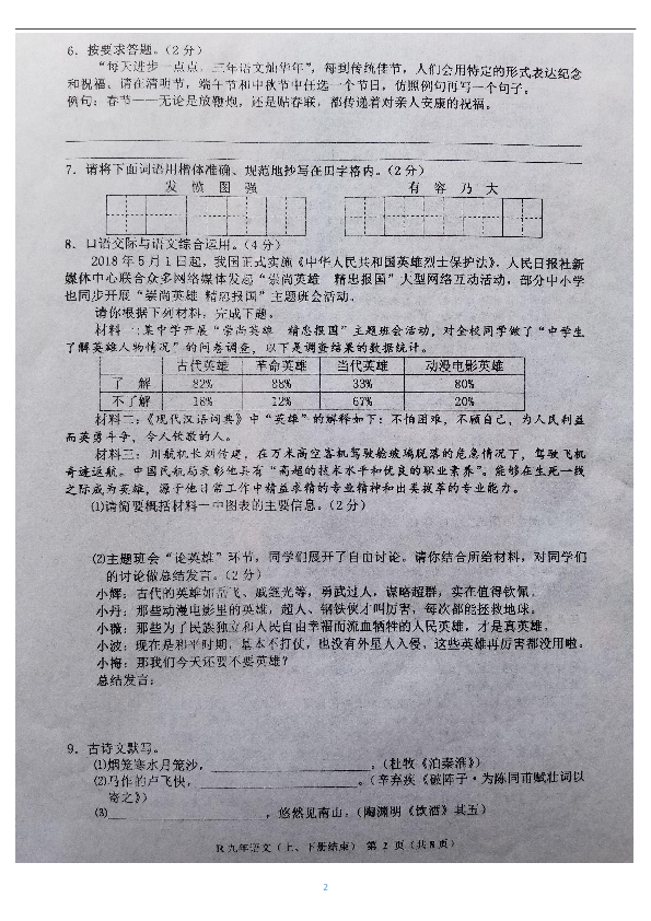 辽宁省台安县2019届九年级语文第一次模拟考试试题(图片版含答案)