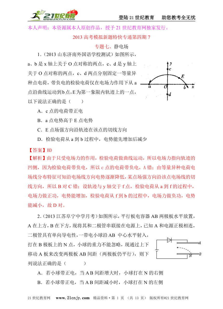 2013高考模拟新题特快专递第四期专题七静电场