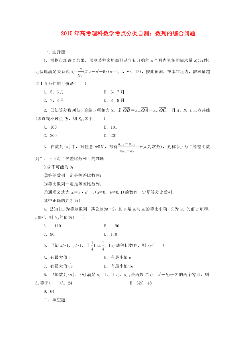 2015年高考理科数学考点分类自测： 数列的综合问题