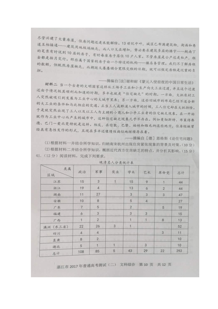广东省湛江市2017届高三普通高考测试（二）文科综合历史试题（扫描版含答案）